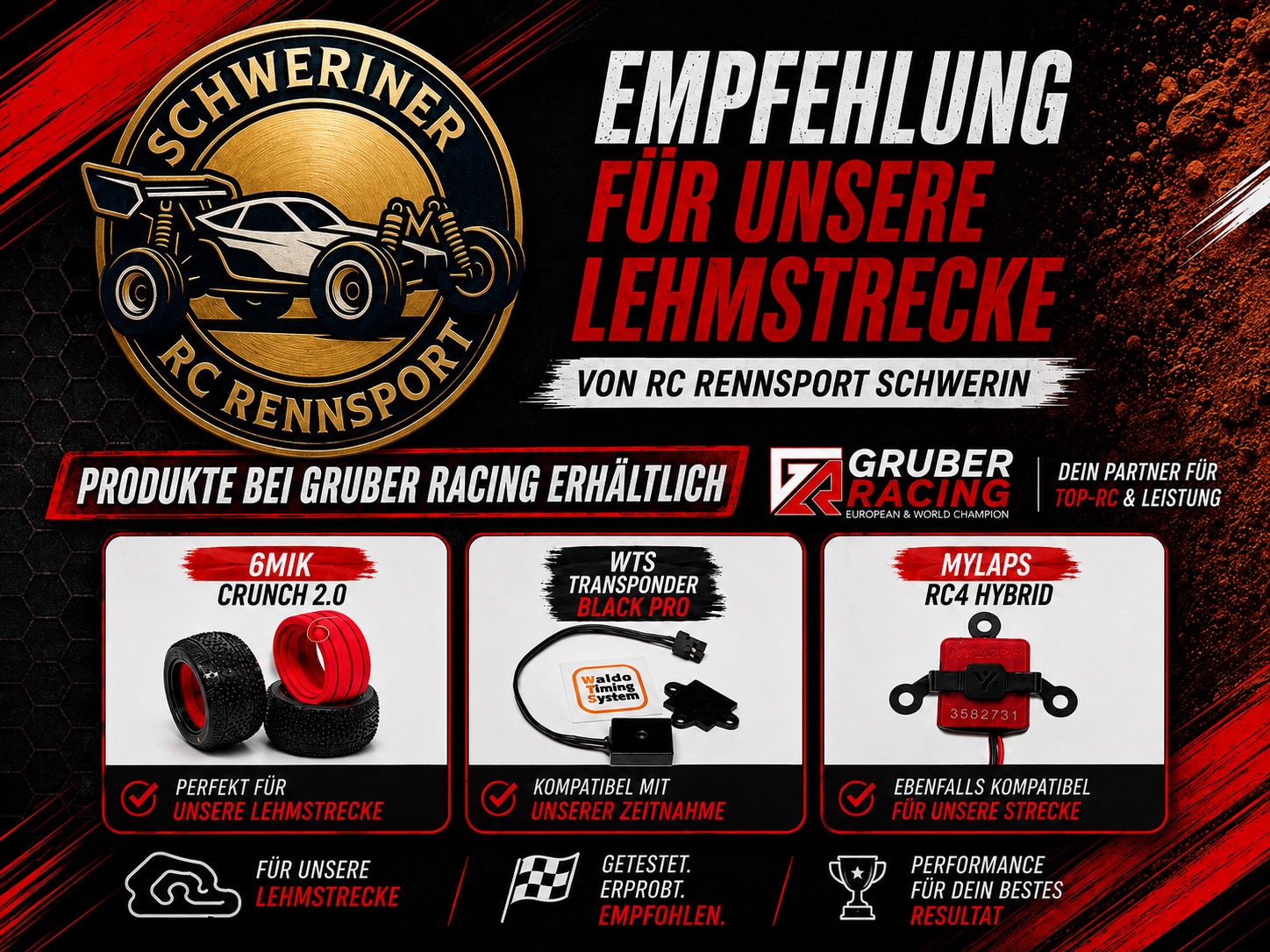 Empfehlungen für unsere Lehmstrecke: 6MIK Crunch 2.0 Reifen, WTS Black Pro und MyLaps RC4 Hybrid Transponder; erhältlich bei Gruber Racing